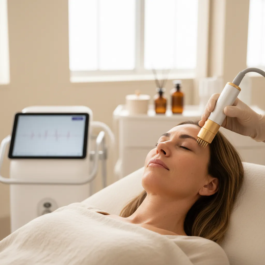 RF microneedling device applied to skin in treatment room