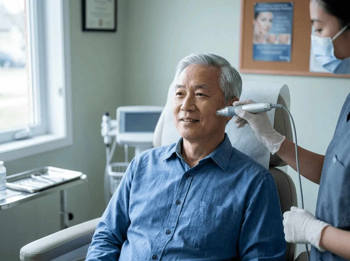 RF microneedling device applied to skin in treatment room