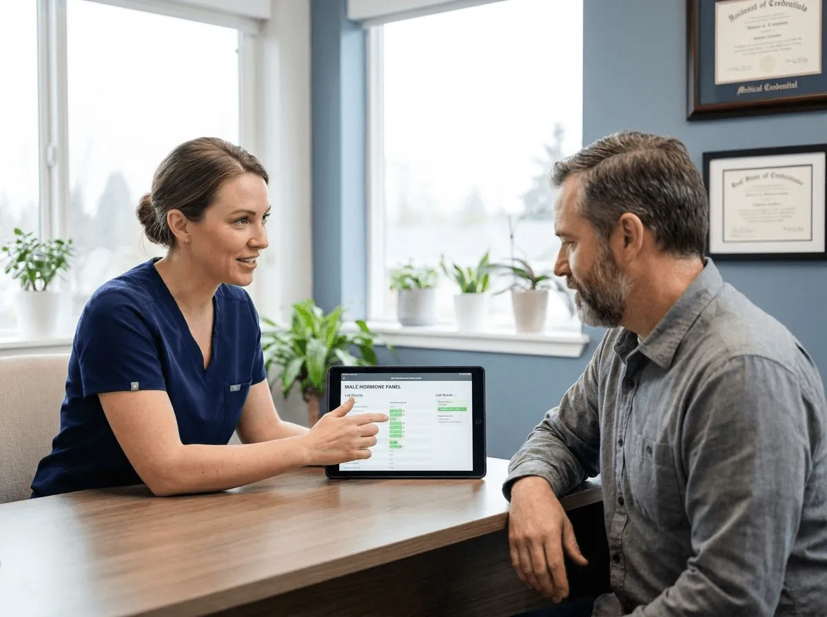 Provider reviewing male hormone lab results during a BHRT consultation