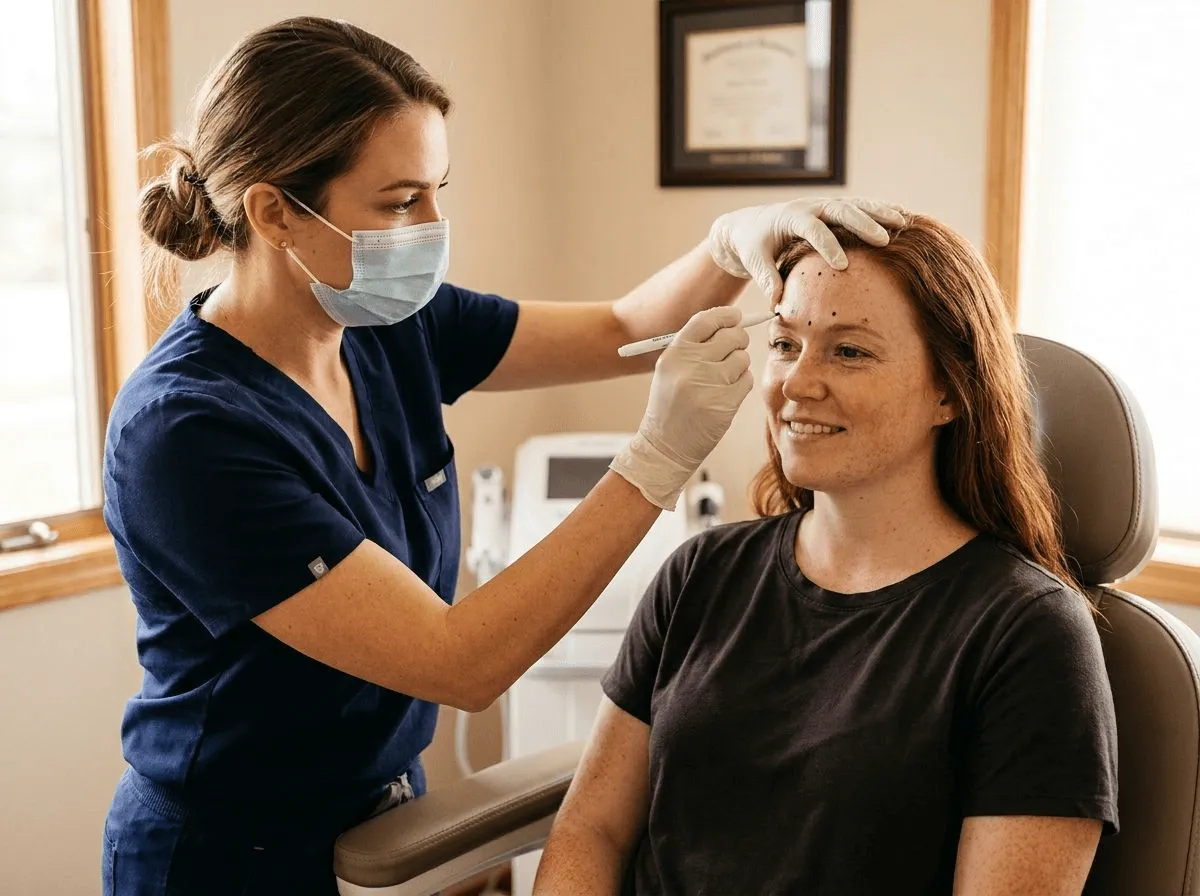 Close-up of a provider marking injection points on a patient forehead for neuromodulator treatment