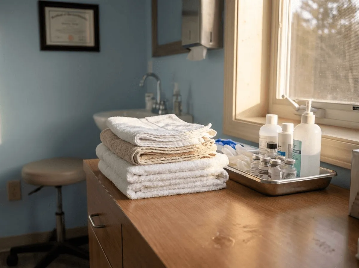 Close-up of folded towels and treatment supplies in a discreet clinic treatment room