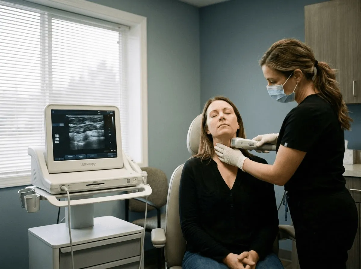 Ultrasound imaging during Ultherapy showing targeted tissue layers