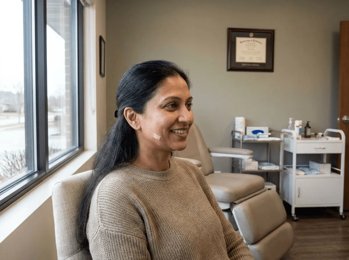 Woman with smooth, renewed skin by a bright window after Erbium laser resurfacing