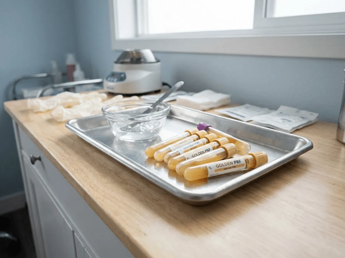 Golden PRF tubes and EZ Gel preparation on a clean treatment tray