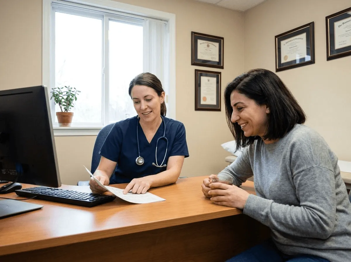 Provider reviewing lab results and weight loss progress with a patient