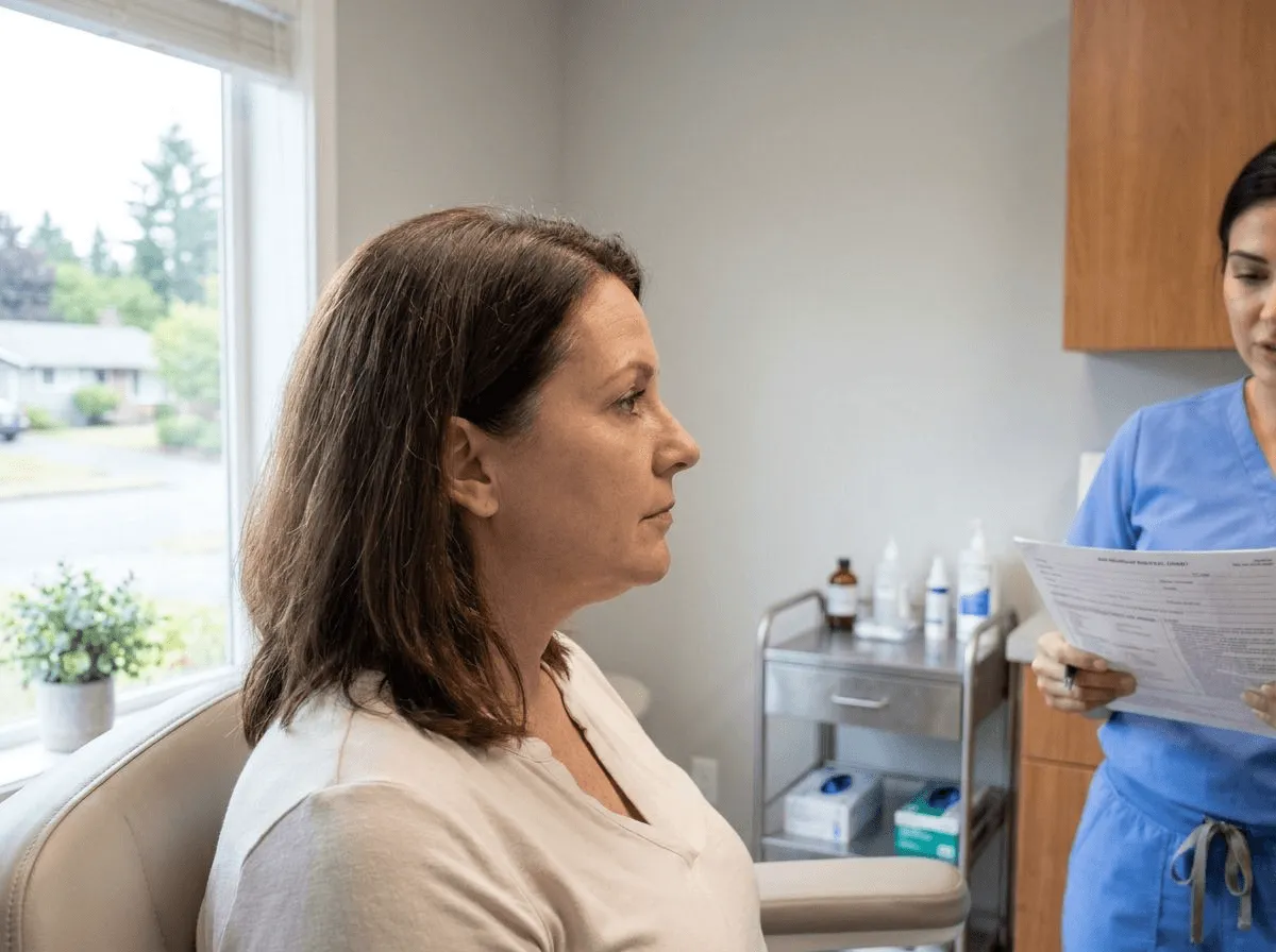 Side profile showing gradual chin fat reduction after multiple Kybella sessions