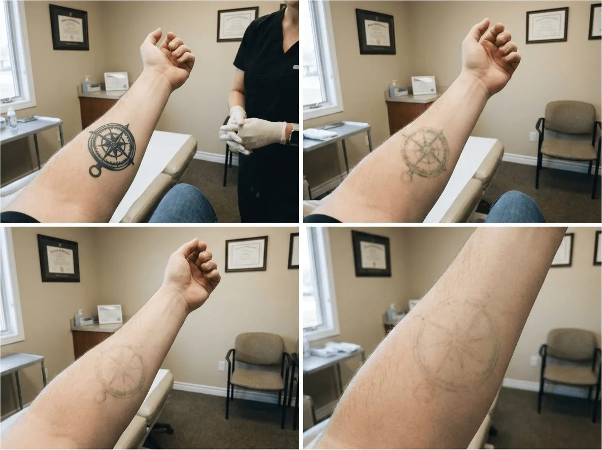 Series showing gradual tattoo fading from dark to nearly invisible over multiple sessions