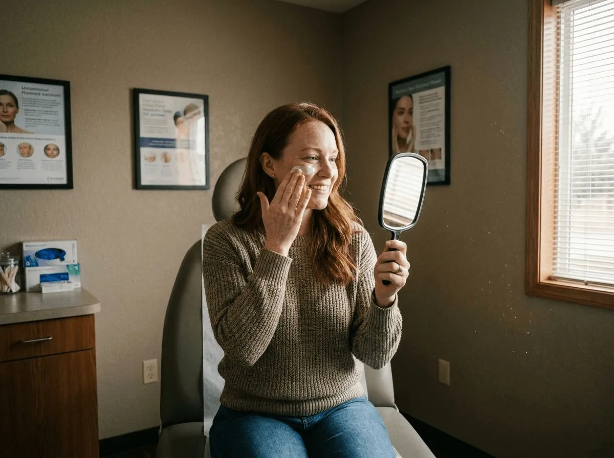Patient applying sunscreen as part of post-Botox skincare routine