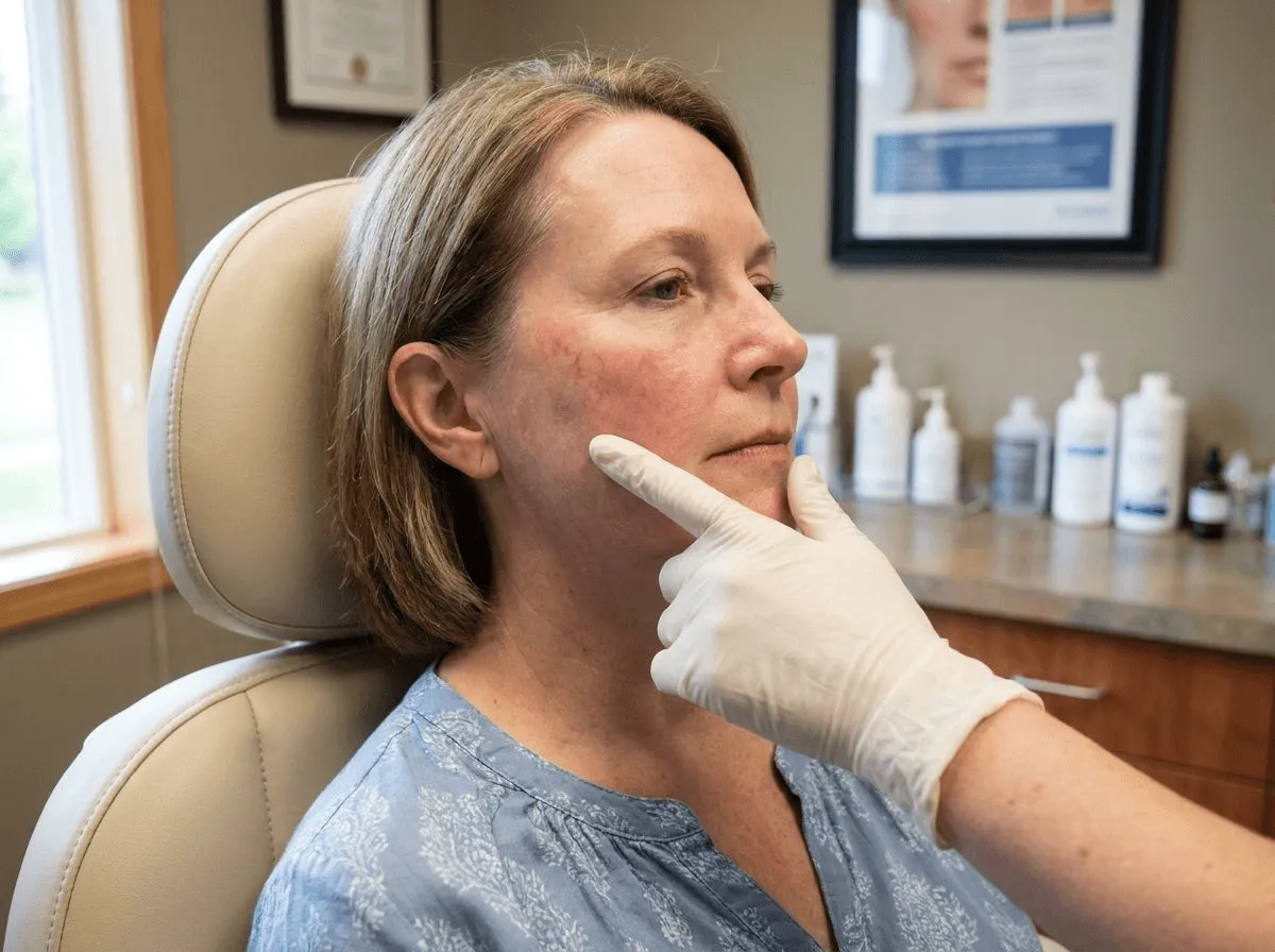 Close-up of cheek area showing reduced rosacea redness and visible blood vessels after IPL