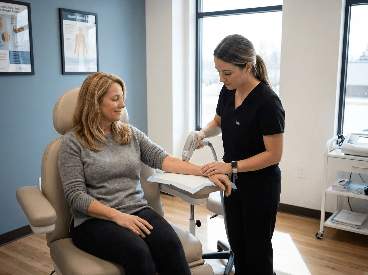 Laser hair removal device treating a patient arm in a modern treatment room