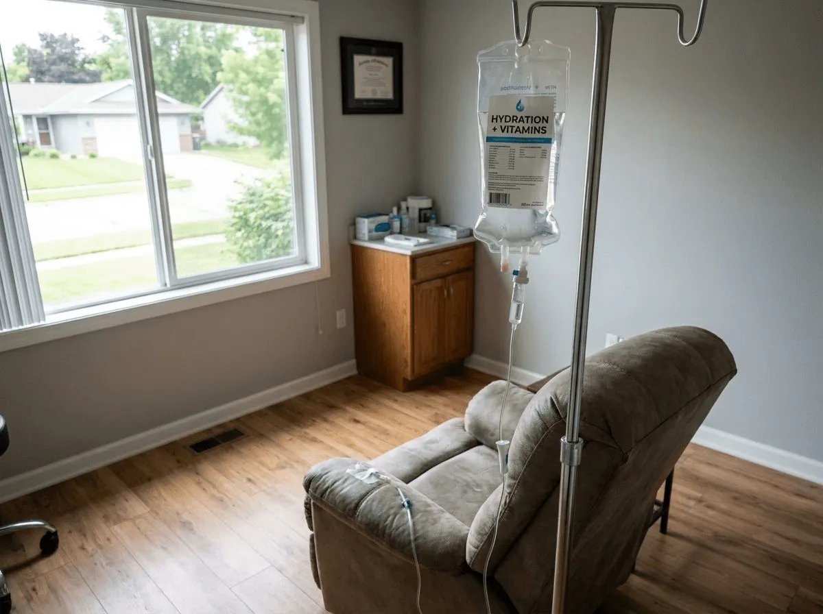 IV bag with vitamin-enriched hydration solution and tubing
