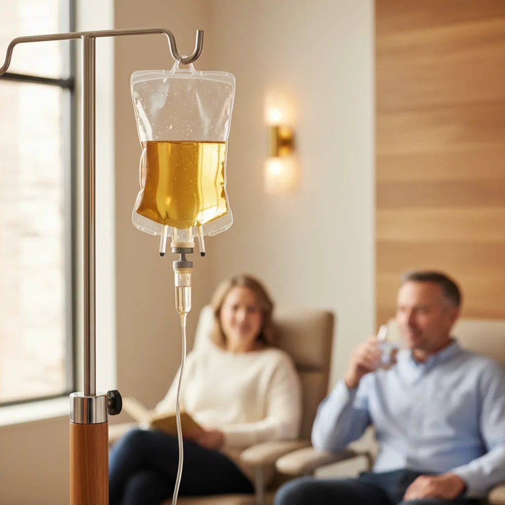 IV bag with vitamin-enriched hydration solution and tubing