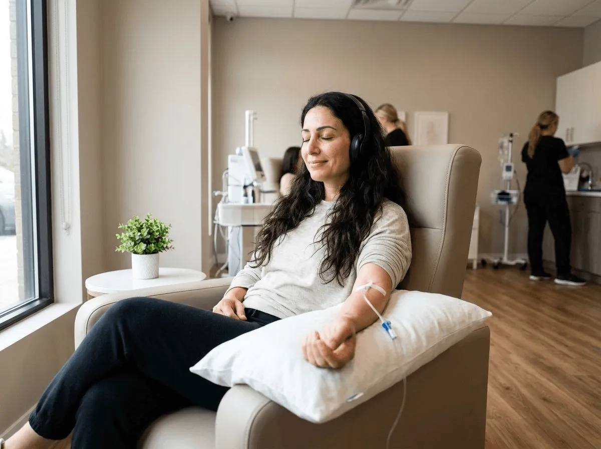 Patient relaxing during an IV therapy session for post-workout recovery