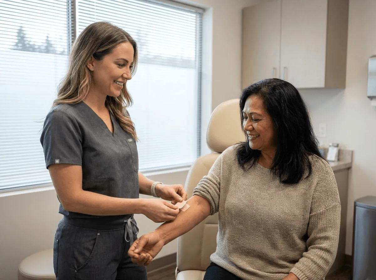 Provider performing a patch test on a patient forearm before laser hair removal