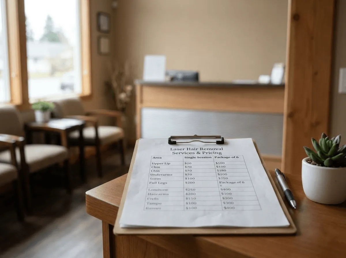 Close-up of a laser hair removal treatment plan and pricing sheet on a clinic desk