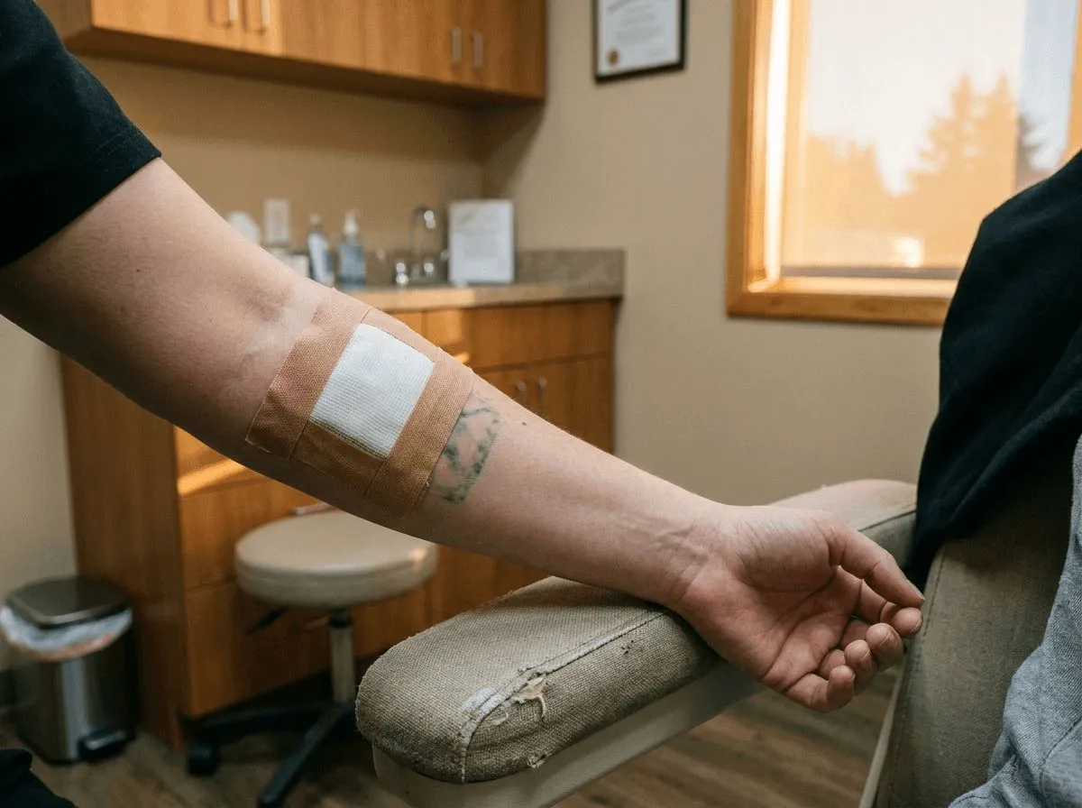 Close-up of properly bandaged treatment area after laser tattoo removal session