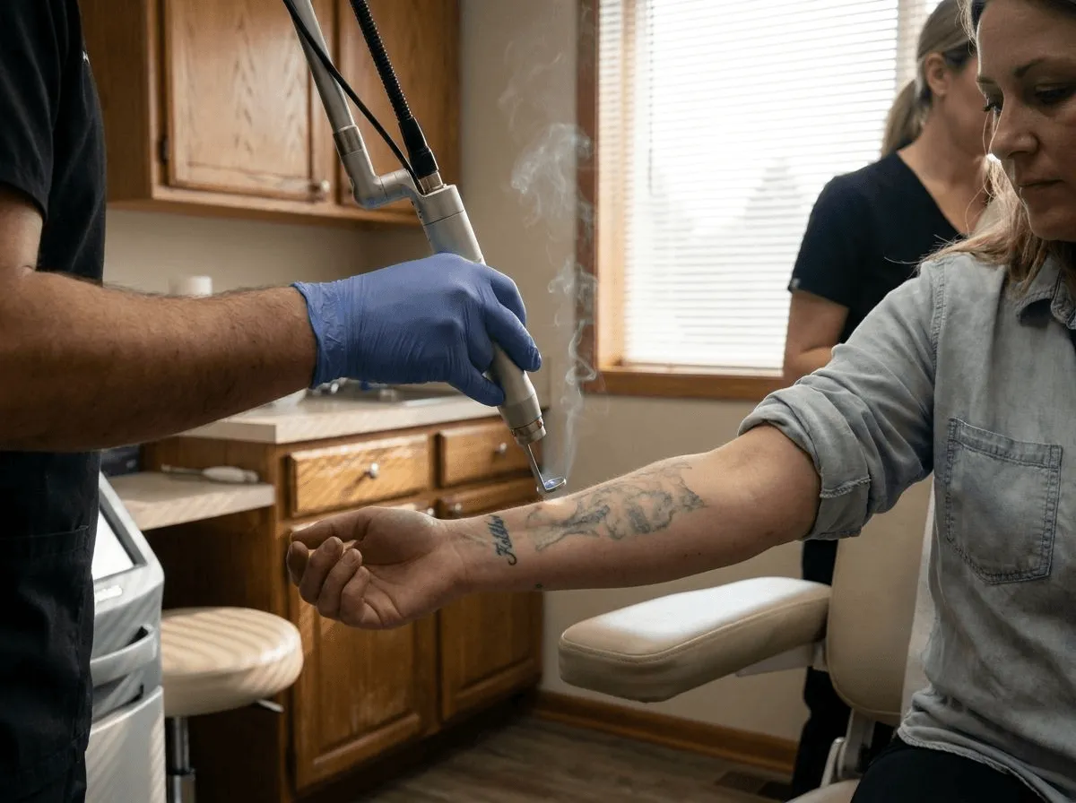 Close-up of laser handpiece treating a tattoo with precise energy delivery
