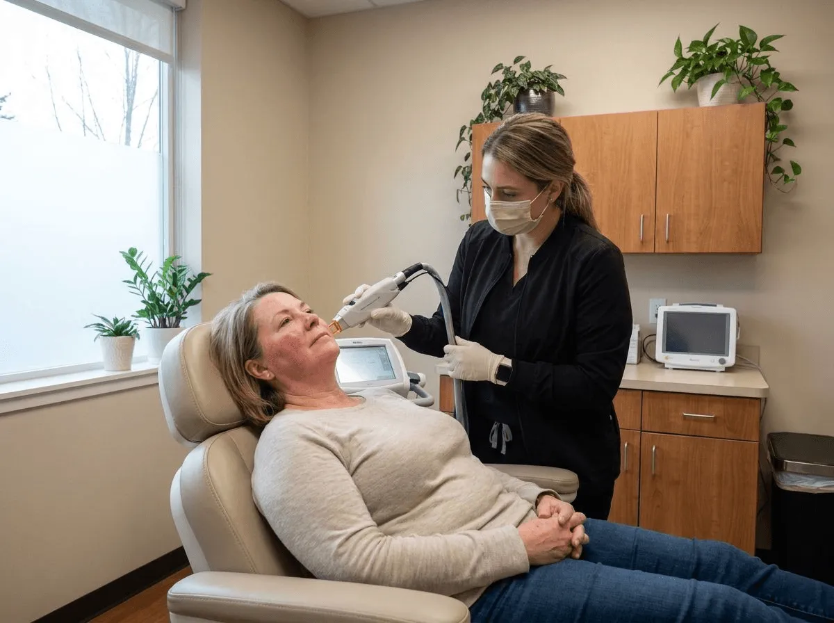 Vascular laser handpiece treating rosacea-related redness on the cheek