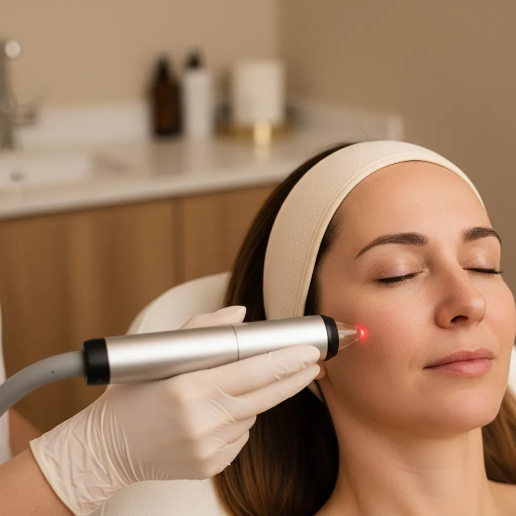 Vascular laser handpiece treating rosacea-related redness on the cheek