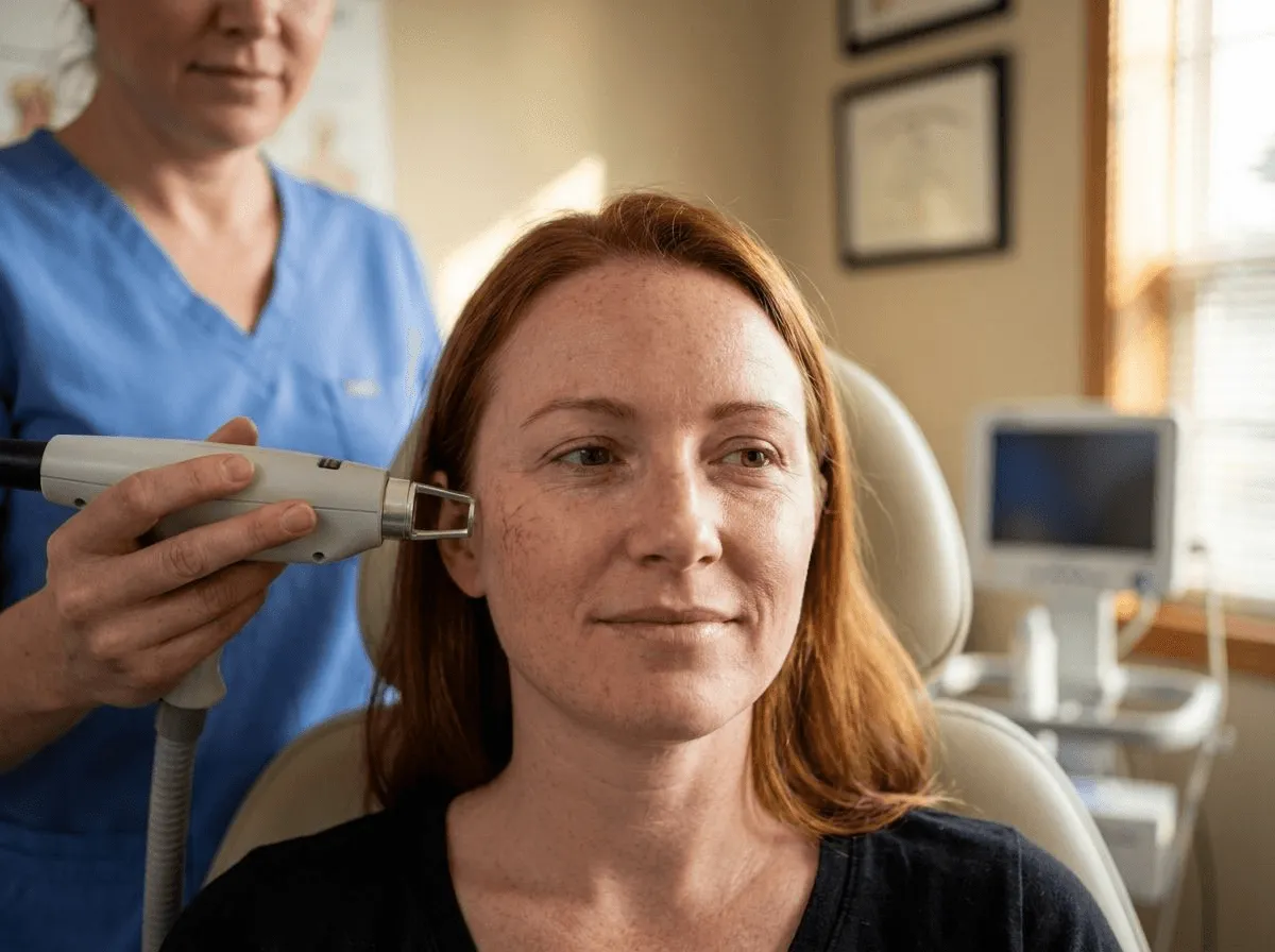 Close-up of vascular laser targeting spider veins on the face