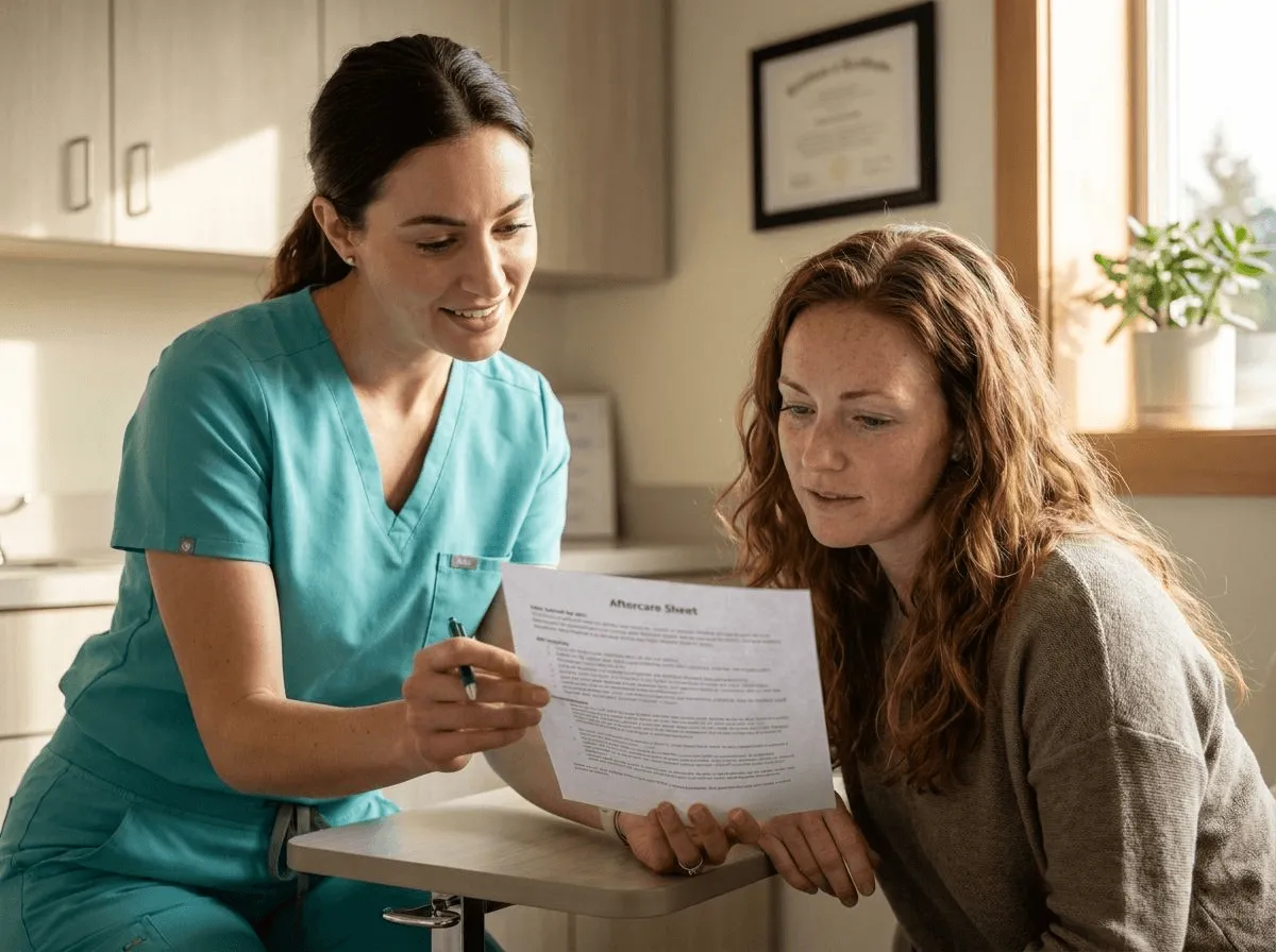 Close-up of a provider reviewing a lip filler aftercare sheet with a patient