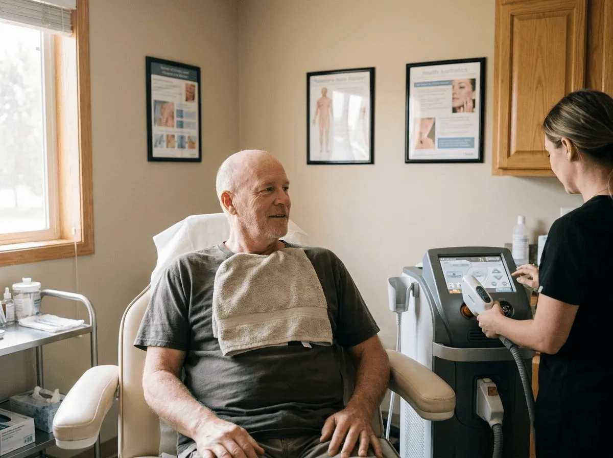 Laser hair removal device in a treatment room set up for a male patient