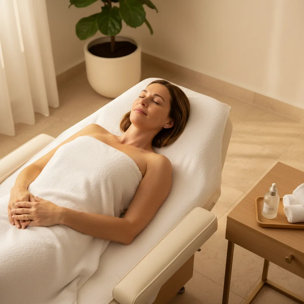 Relaxed patient in a warm, spa-like treatment room