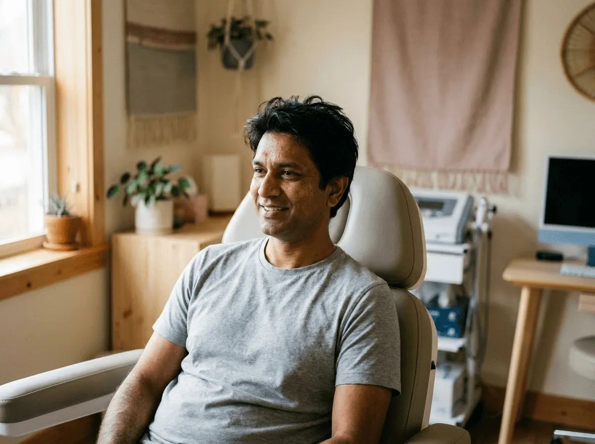 Relaxed patient in a warm, spa-like treatment room