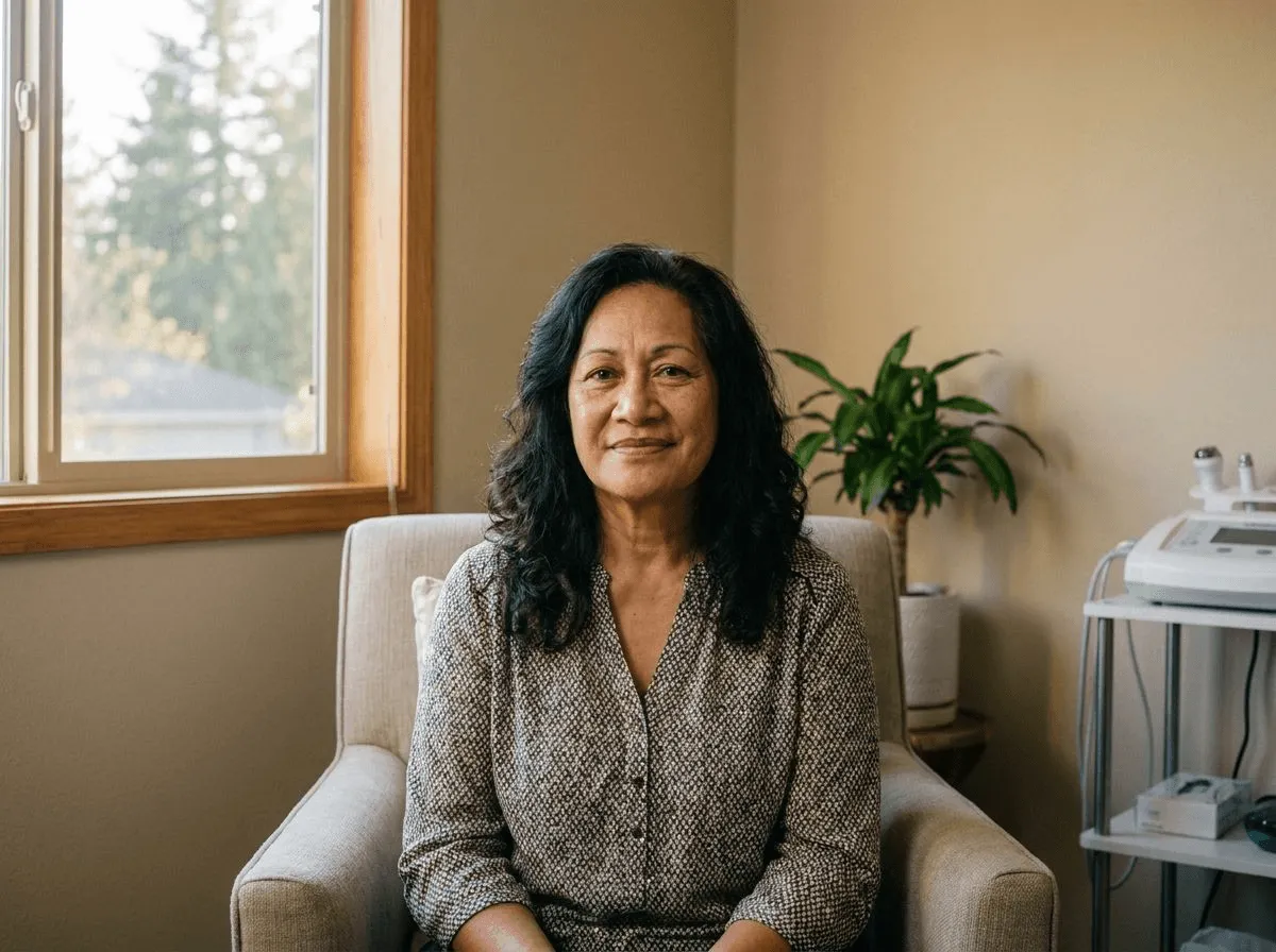 Woman with clear, even-toned skin free of dark spots in golden-hour light