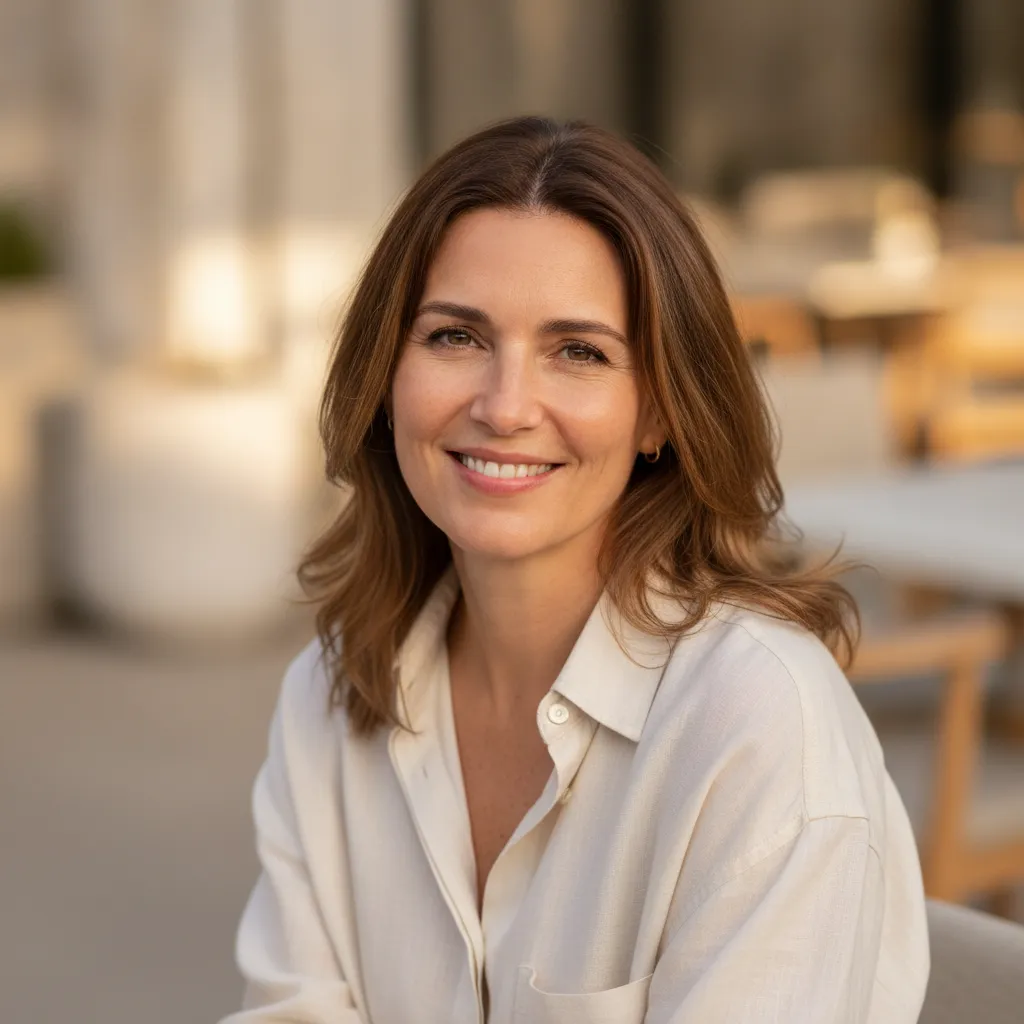 Woman with clear, even-toned skin free of dark spots in golden-hour light