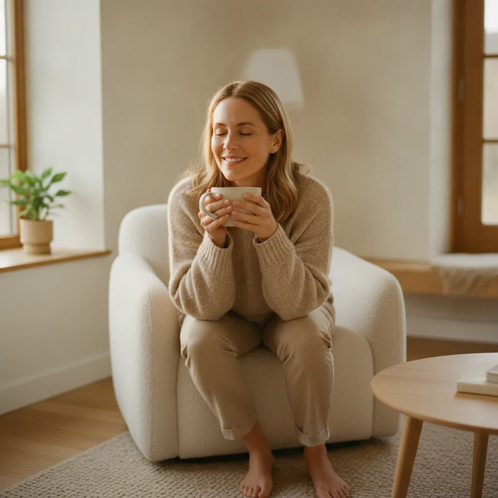 Woman with naturally radiant, healthy skin relaxing by a bright window