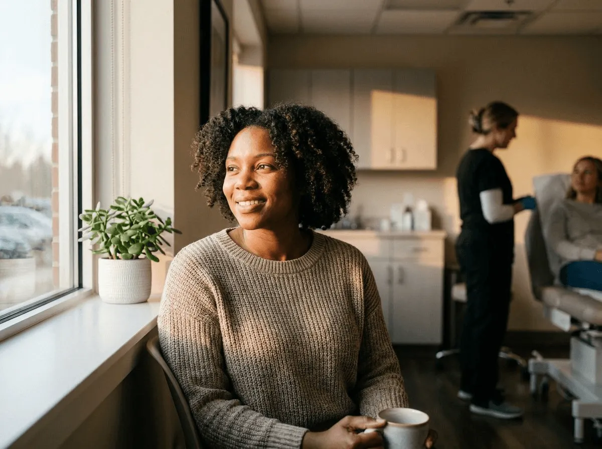 Woman with naturally radiant, healthy skin relaxing by a bright window