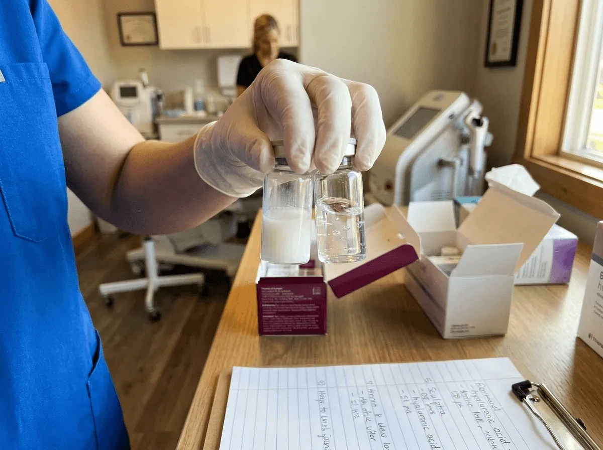 Close-up comparison of Sculptra and hyaluronic acid filler products