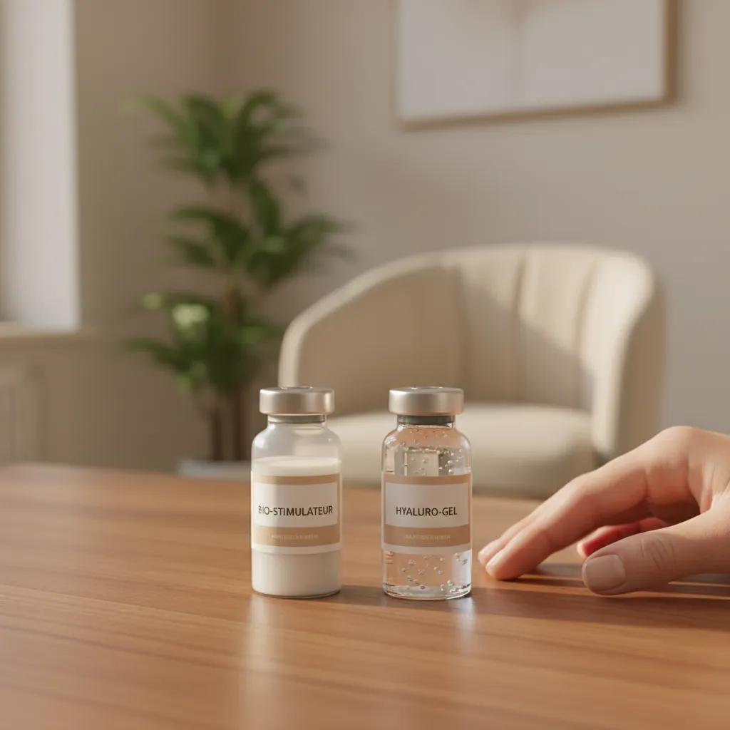 Close-up comparison of Sculptra and hyaluronic acid filler products