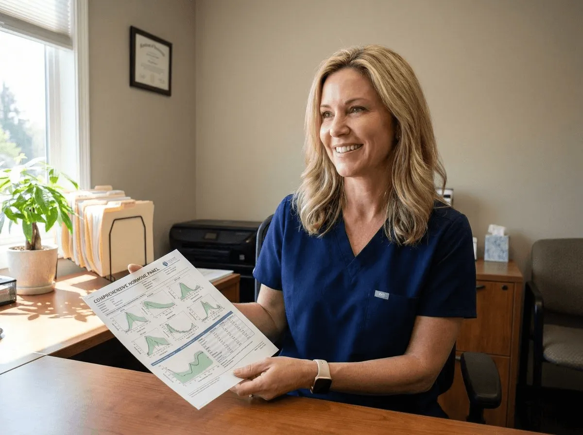 Comprehensive hormone panel lab results on a provider desk