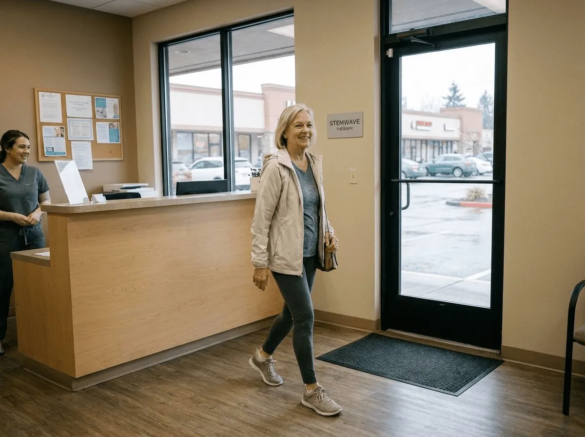 Active adult walking comfortably outdoors after Stemwave therapy for musculoskeletal pain