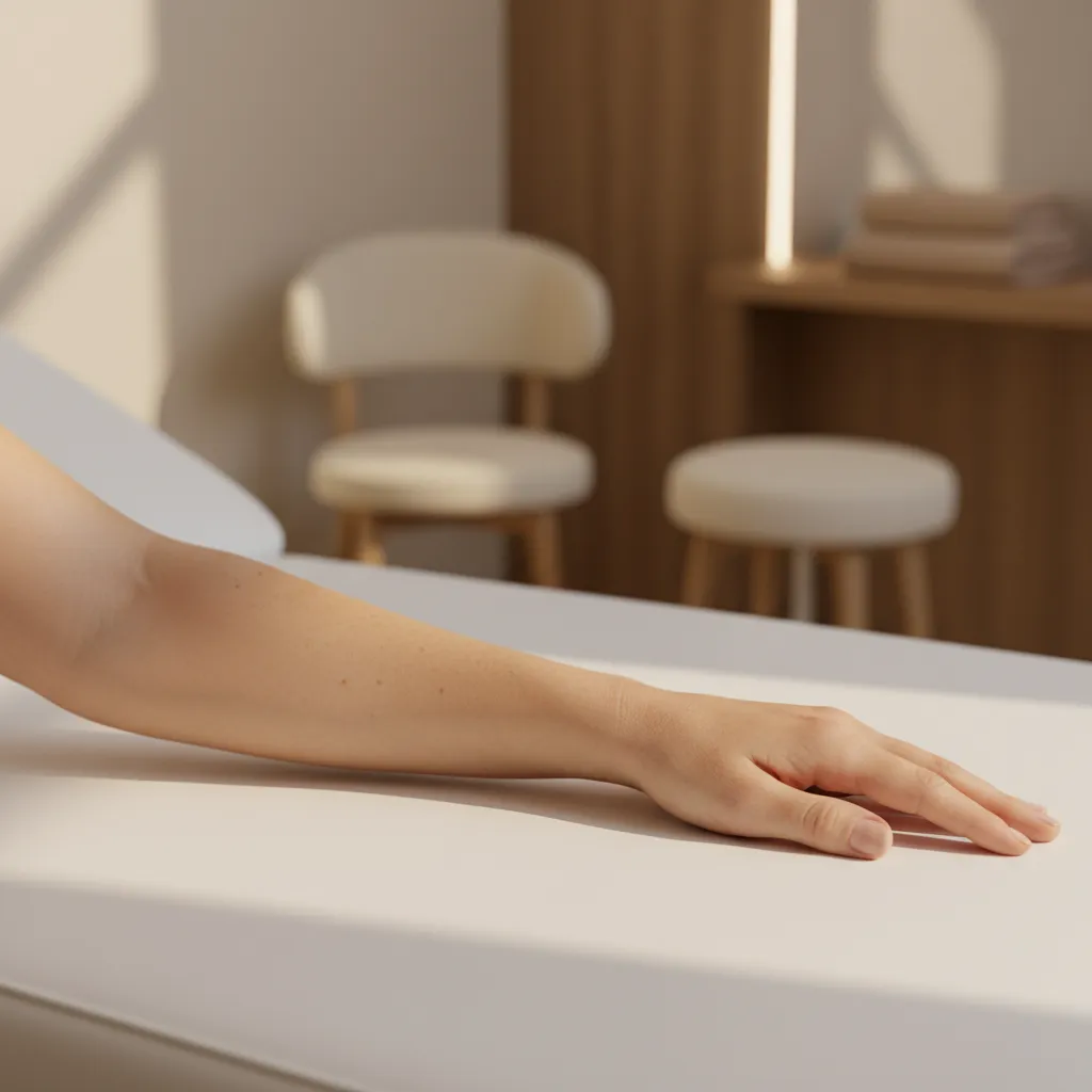 Clean, clear skin on forearm in a modern clinic