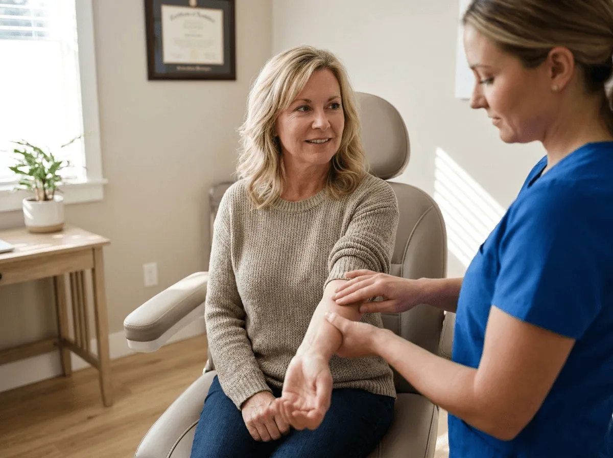 Clean, clear skin on forearm in a modern clinic