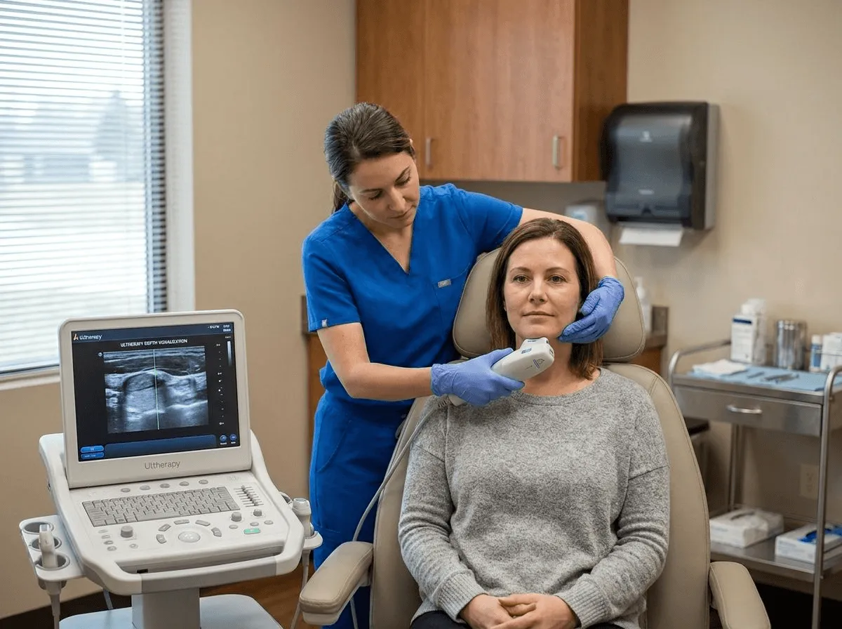 Ultherapy ultrasound visualization showing treatment depth on the jawline