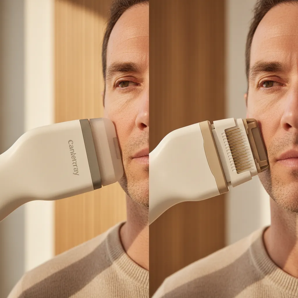 Side-by-side comparison of Ultherapy ultrasound and RF microneedling needle-based energy delivery