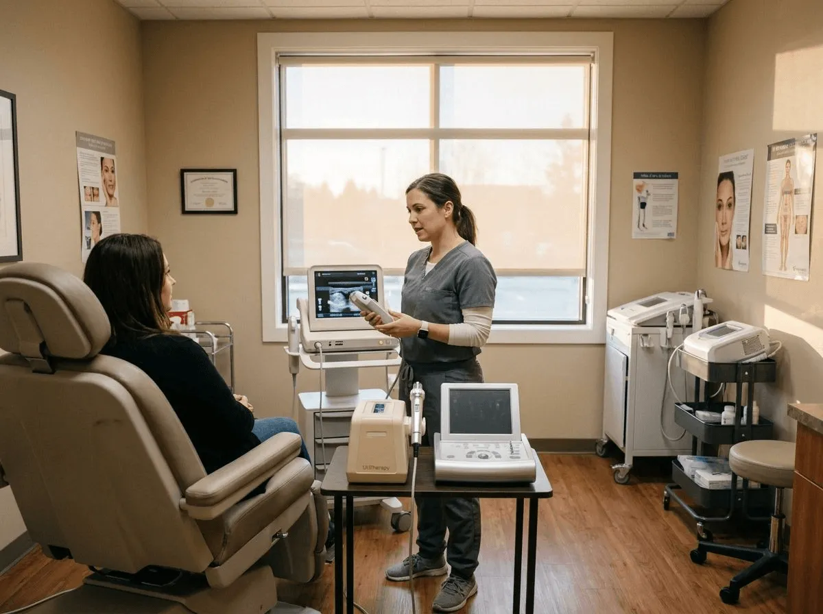 Side-by-side comparison of Ultherapy ultrasound and RF microneedling needle-based energy delivery