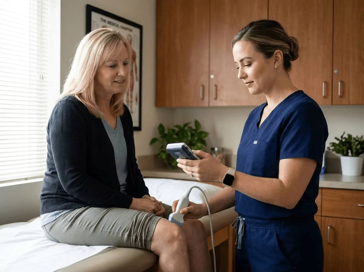 Provider assessing a patient's knee with a wireless handheld ultrasound before a regenerative treatment