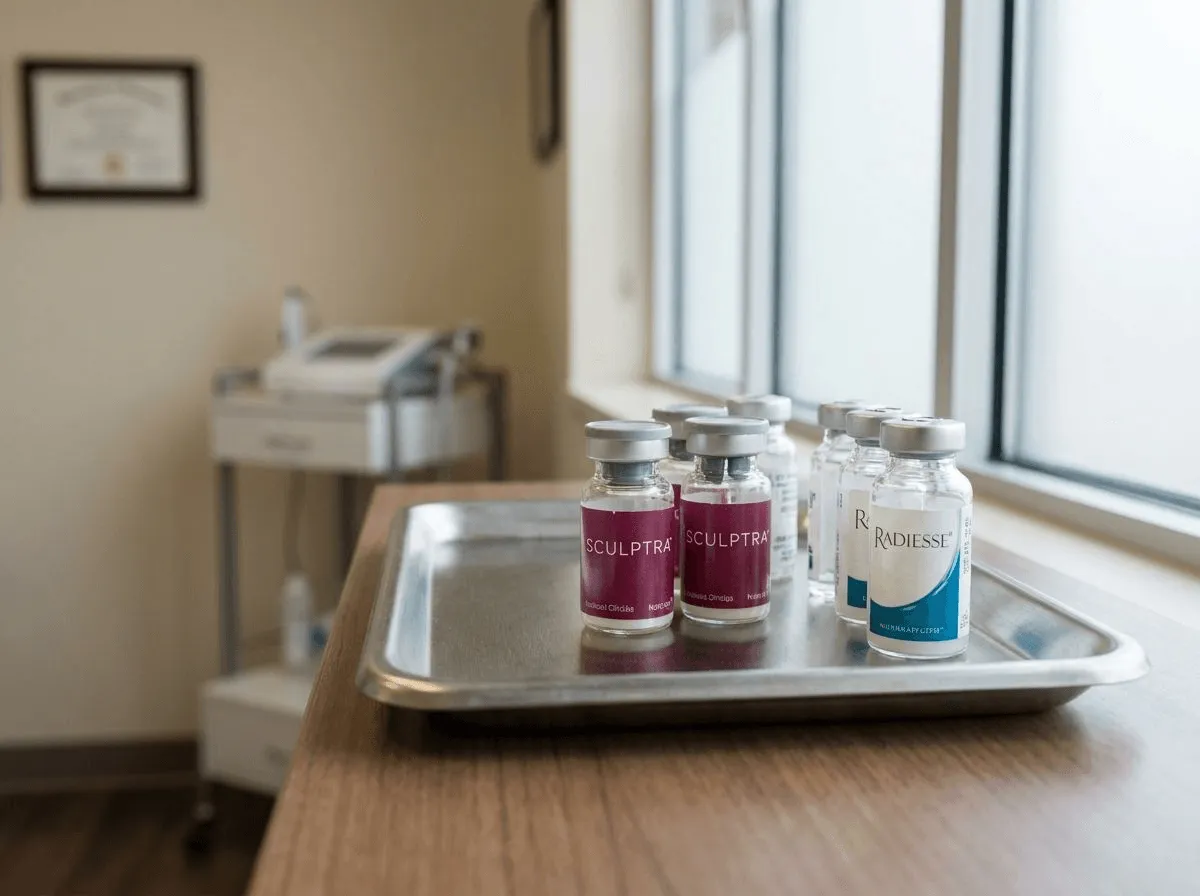 Close-up of biostimulatory filler vials including Sculptra and Radiesse on a clinical tray