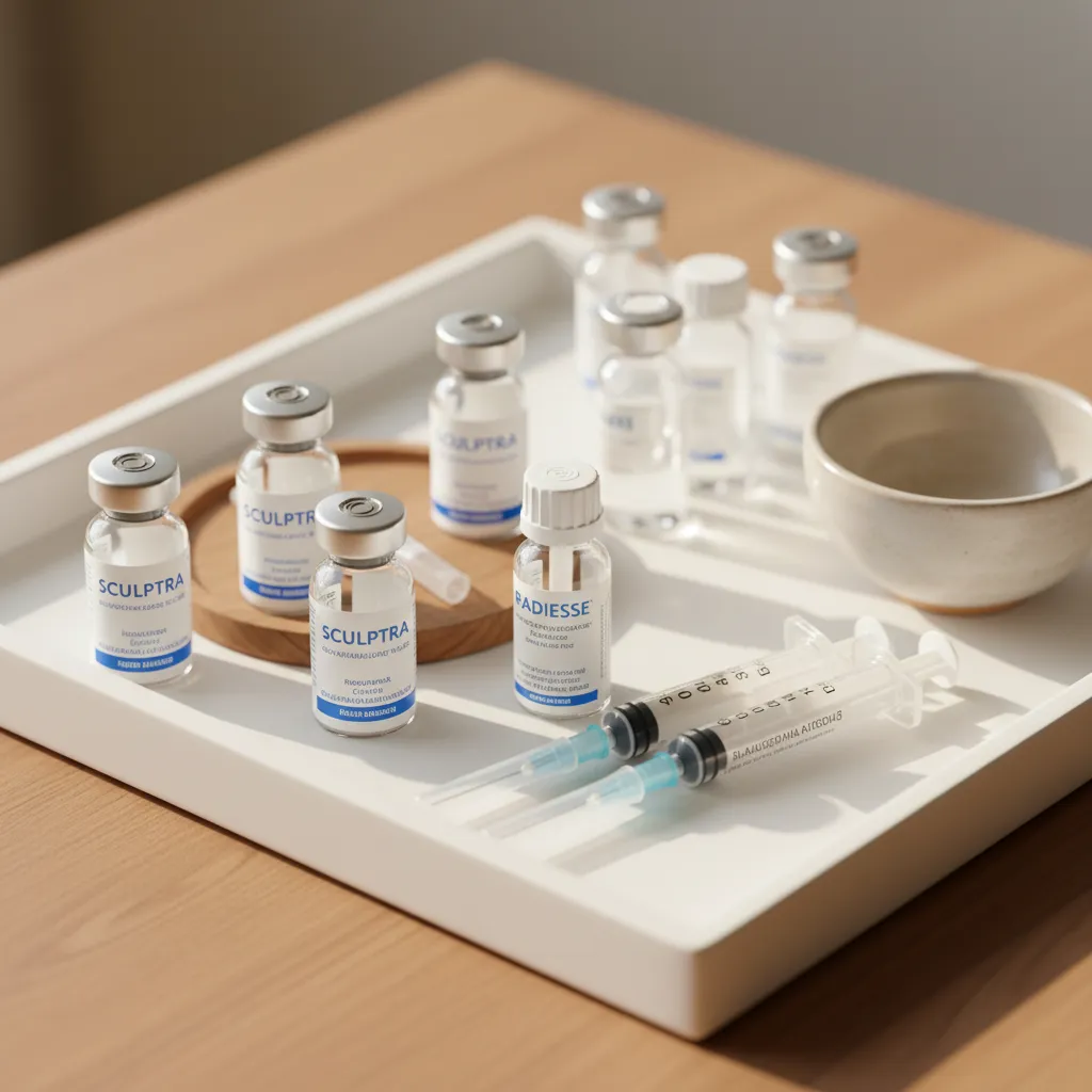 Close-up of biostimulatory filler vials including Sculptra and Radiesse on a clinical tray