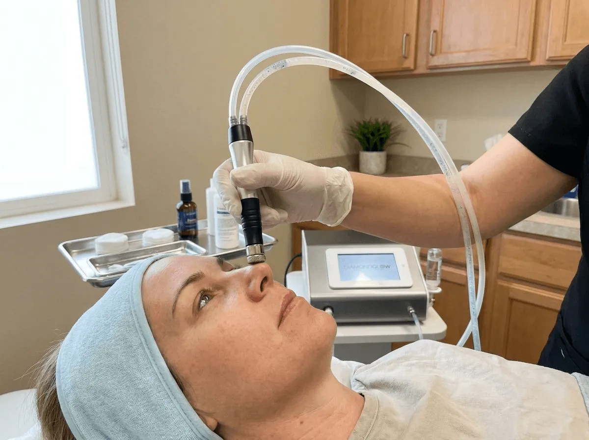 Close-up of DiamondGlow treatment showing the 3-in-1 exfoliation, extraction, and infusion process
