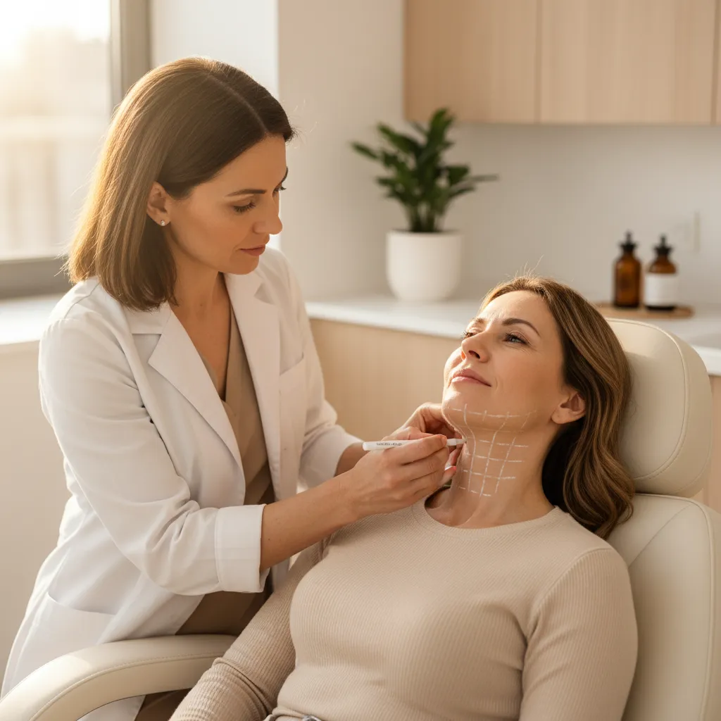 Provider marking injection points along the submental area for Kybella treatment