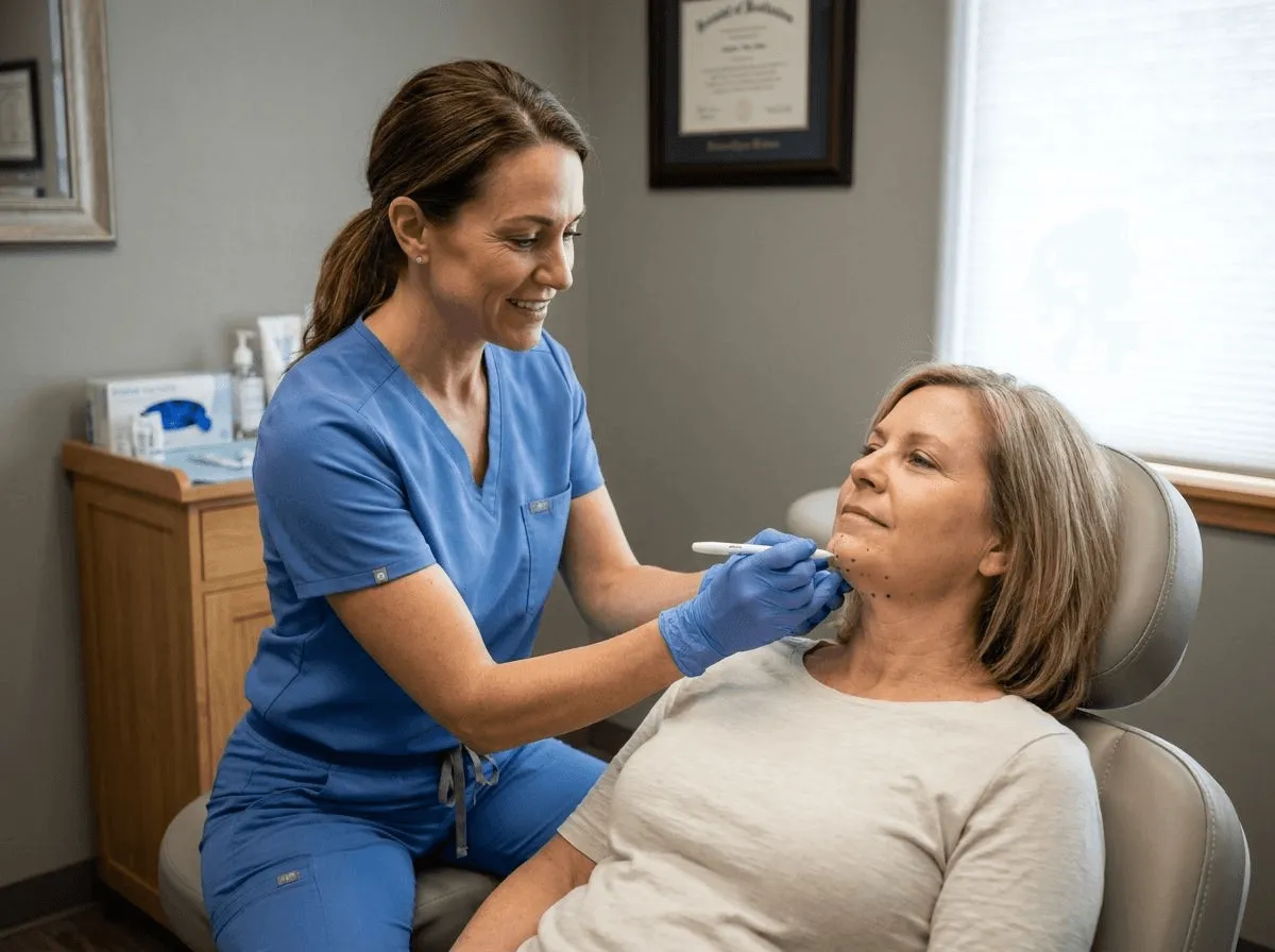 Provider marking injection points along the submental area for Kybella treatment