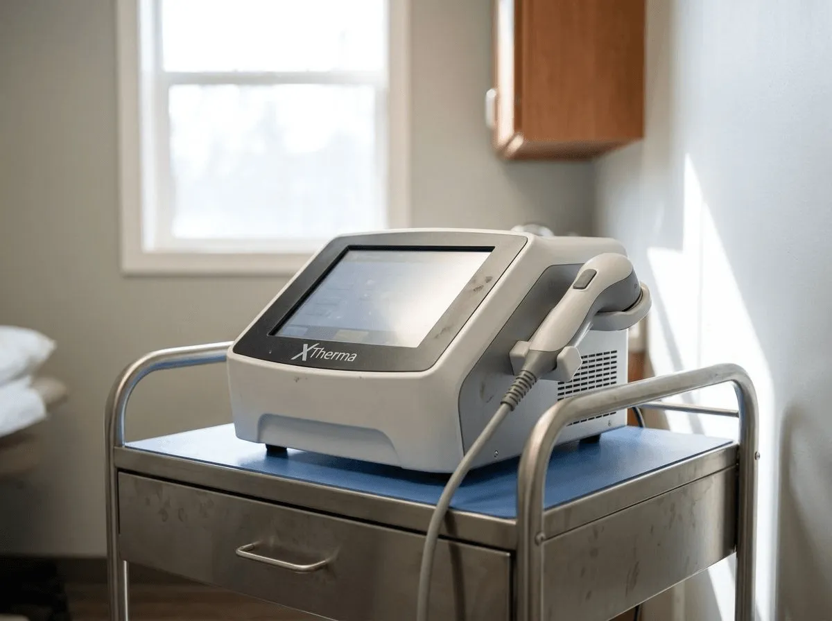 Close-up of the XTherma device on a treatment cart in a modern clinic room