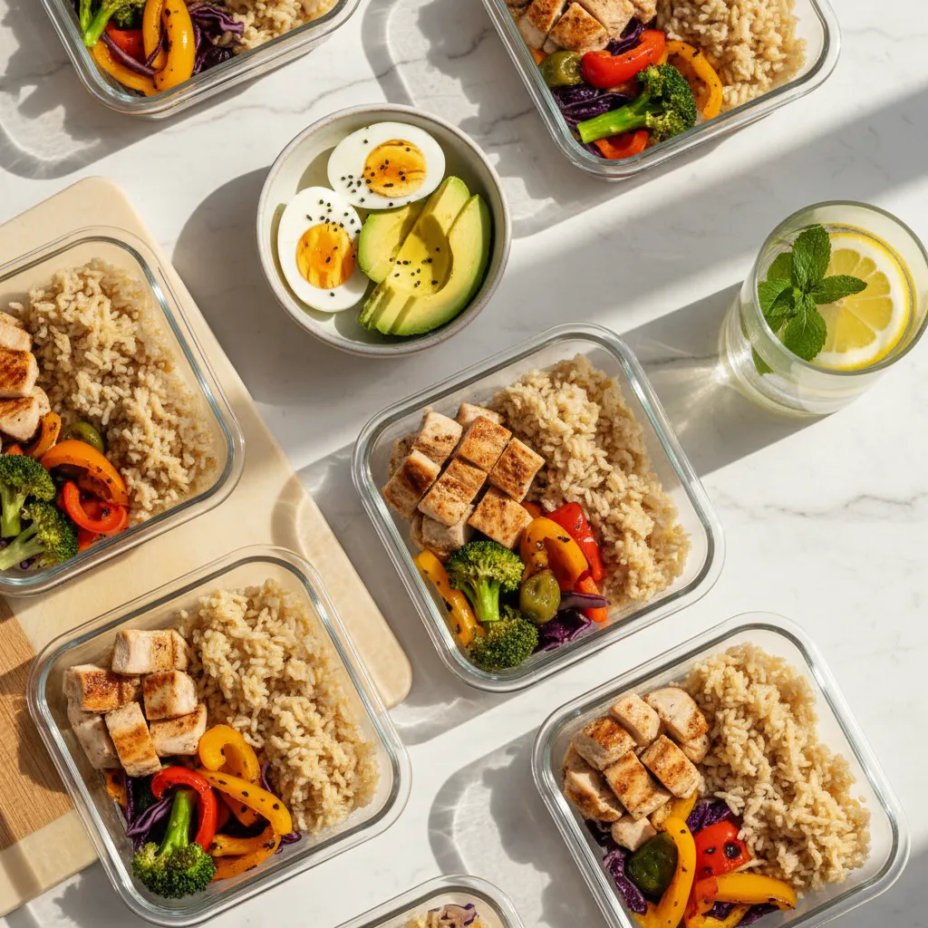 Colorful plate of nutrient-dense foods recommended during weight loss treatment