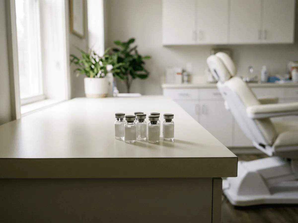 Close-up of neuromodulator vials on a clean clinical surface